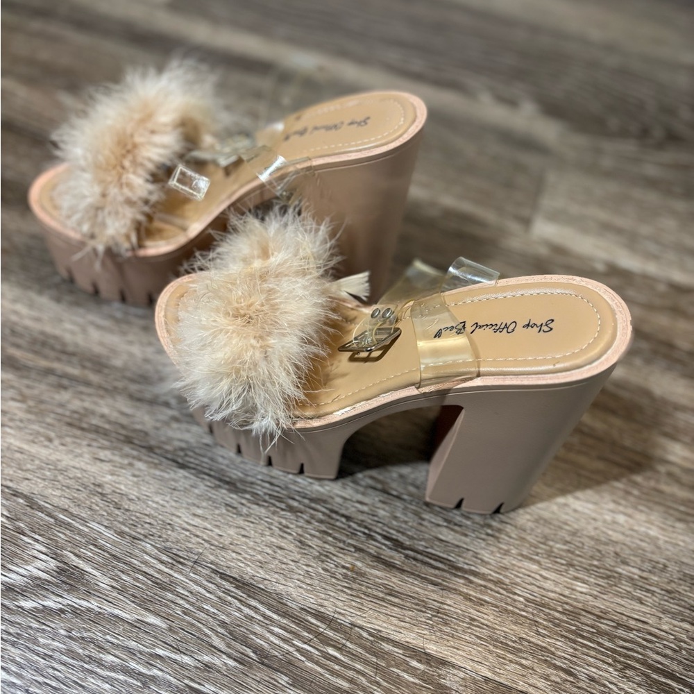 Stylish Beige Platform Heels with Faux Fur